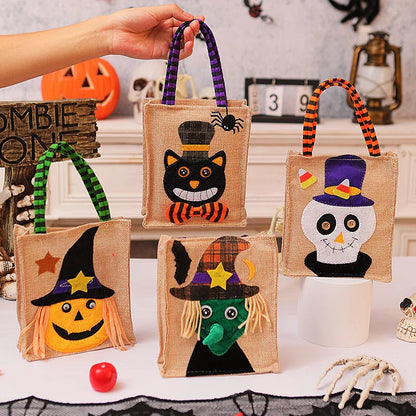 Halloween Treat Bag with Pumpkin, Cat, Witch, and Skull Design