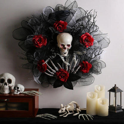 Skull and Red Rose Halloween Front Door Wreath