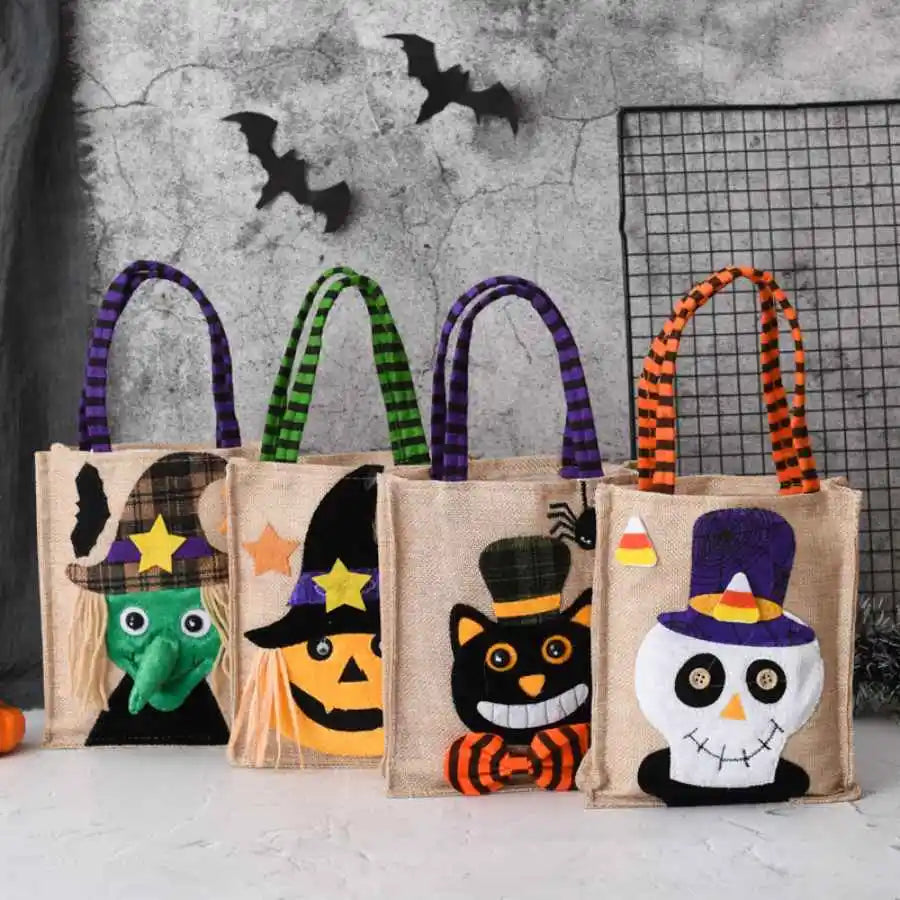 Halloween Treat Bag with Pumpkin, Cat, Witch, and Skull Design
