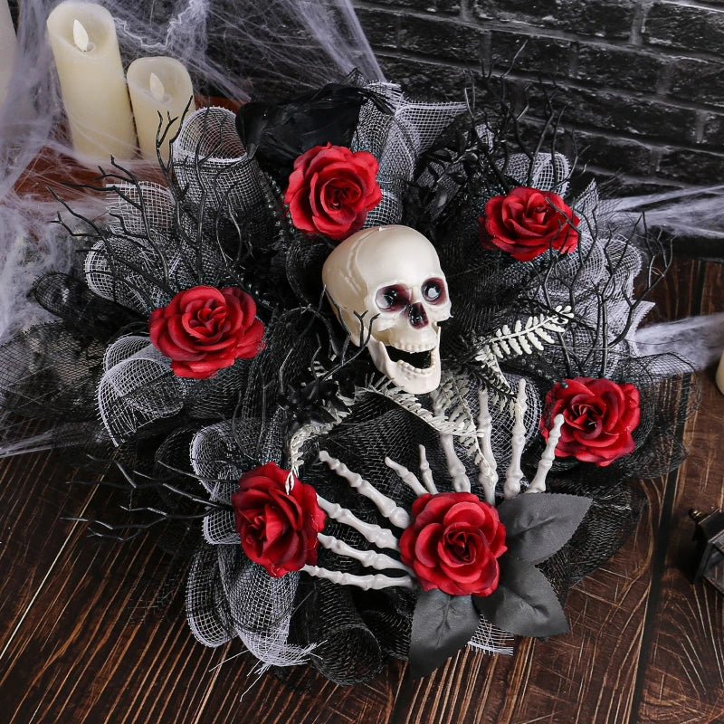 Skull and Red Rose Halloween Front Door Wreath