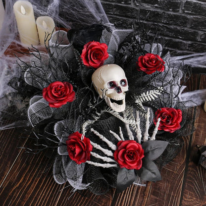 Skull and Red Rose Halloween Front Door Wreath