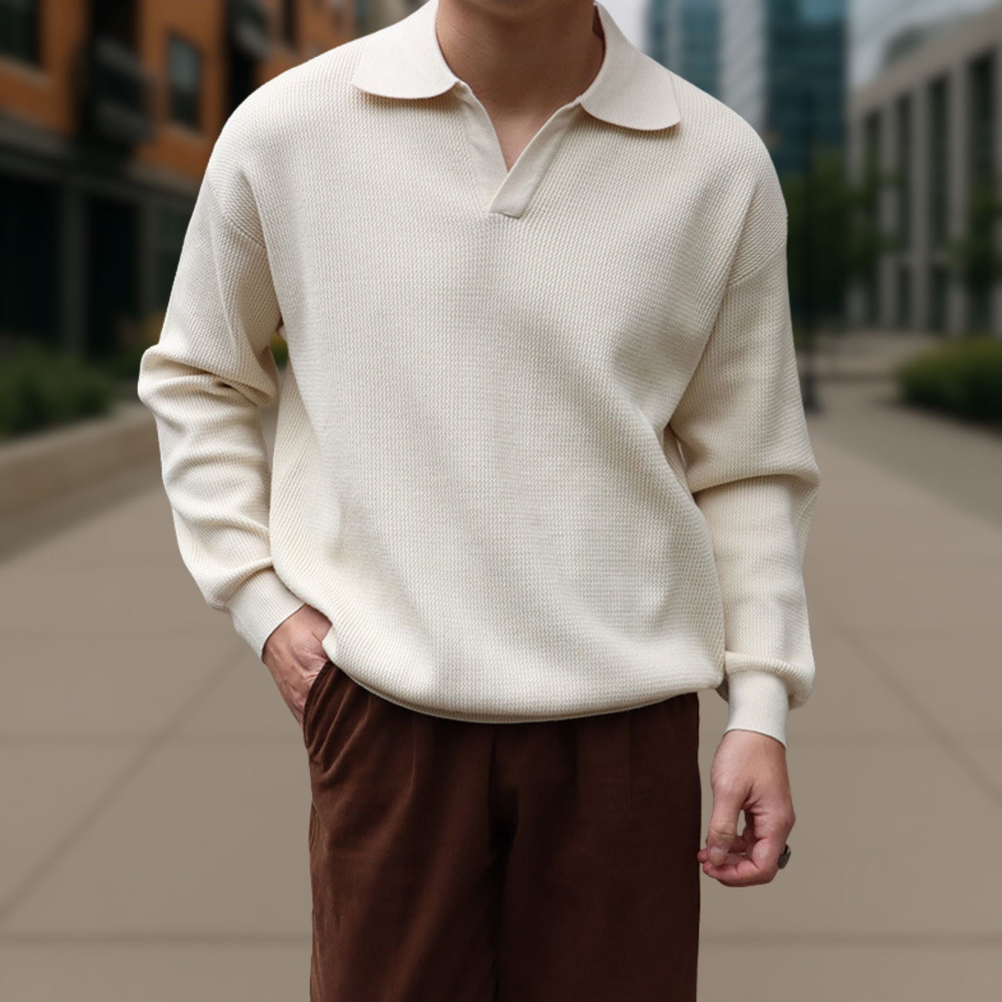 Long Sleeve Knitted Ivory Polo