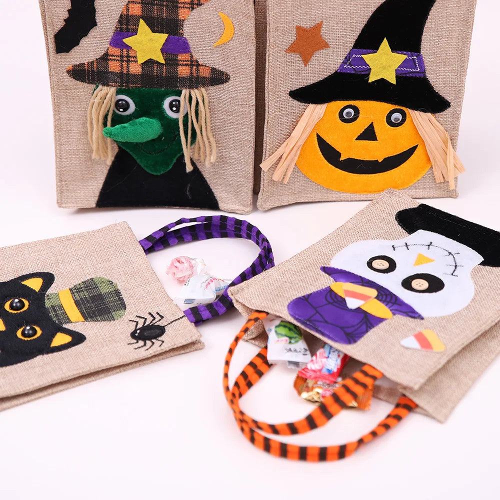 Halloween Treat Bag with Pumpkin, Cat, Witch, and Skull Design
