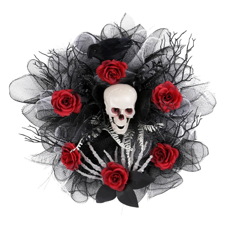 Skull and Red Rose Halloween Front Door Wreath