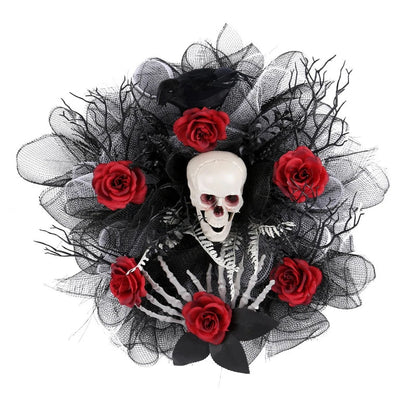 Skull and Red Rose Halloween Front Door Wreath