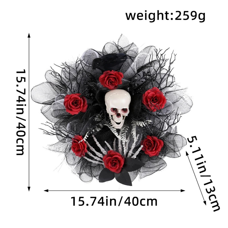 Skull and Red Rose Halloween Front Door Wreath