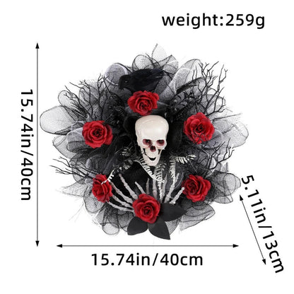 Skull and Red Rose Halloween Front Door Wreath