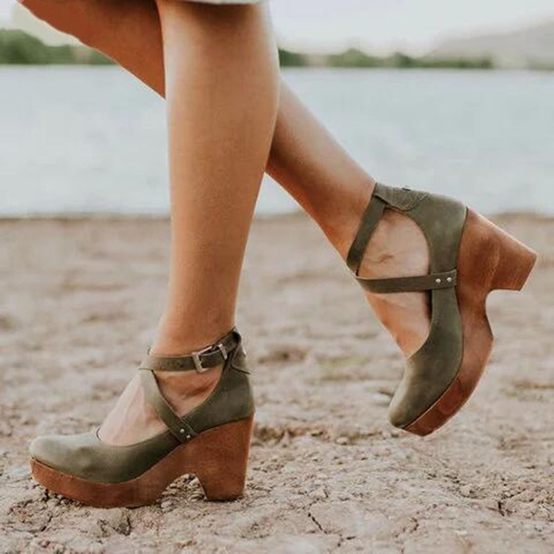 Women’s Genuine Leather Closed Toe Wedge Sandals Ankle Strap Design