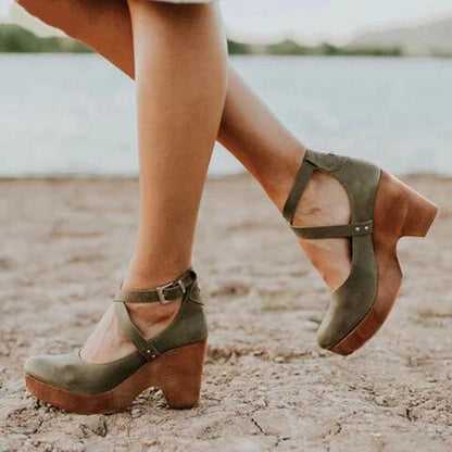 Women’s Genuine Leather Closed Toe Wedge Sandals Ankle Strap Design
