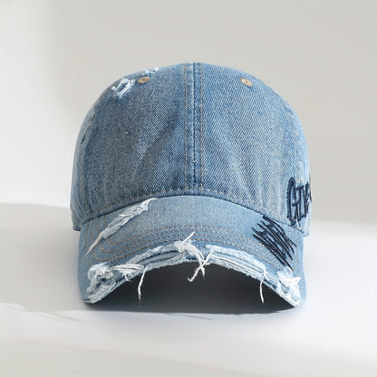 Washed Denim Embroidered Cap