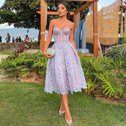 Aurora Women’s Strapless Lace Corset Midi Dress