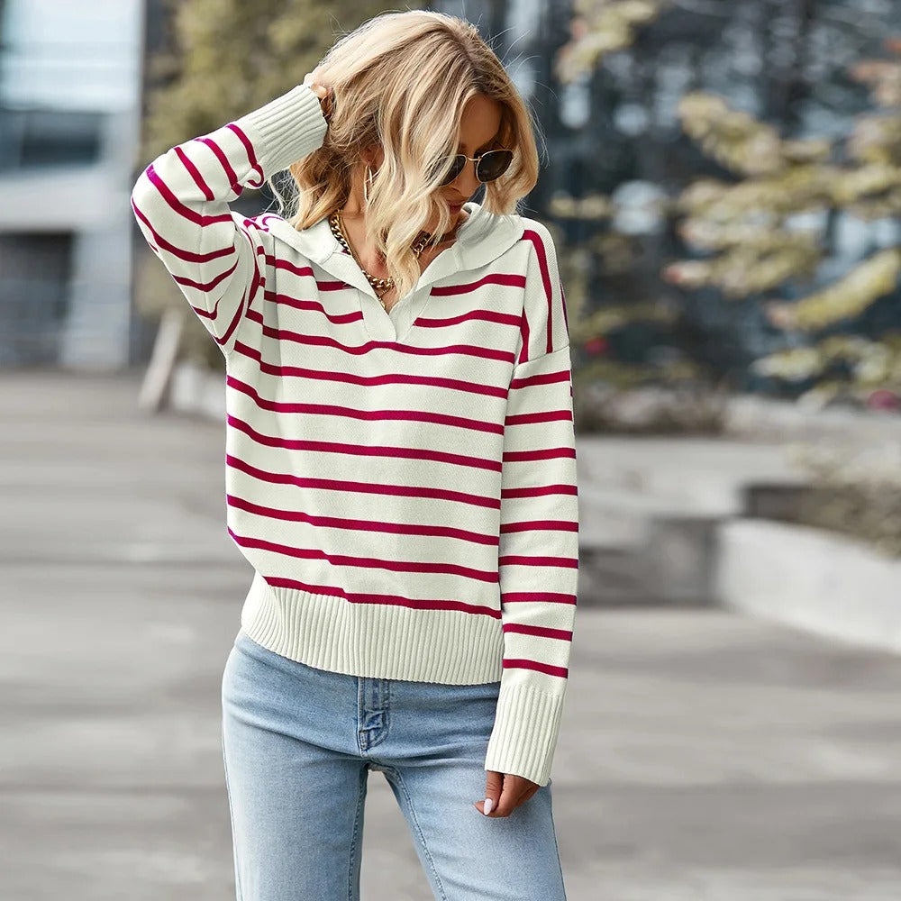 Elegant Striped V Neck Sweater