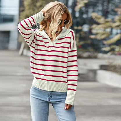 Elegant Striped V Neck Sweater