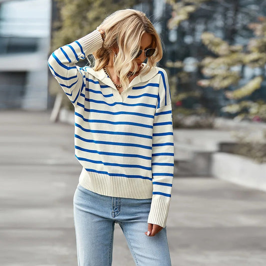 Elegant Striped V Neck Sweater