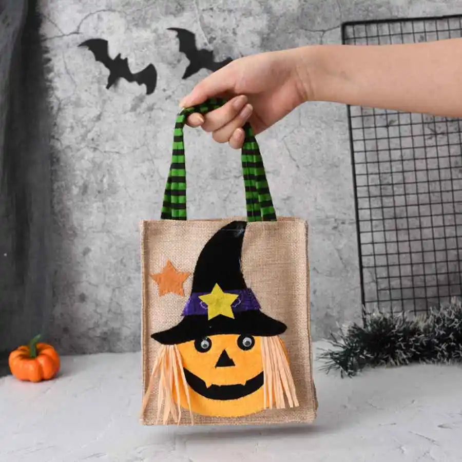 Halloween Treat Bag with Pumpkin, Cat, Witch, and Skull Design
