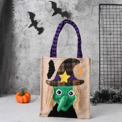 Halloween Treat Bag with Pumpkin, Cat, Witch, and Skull Design